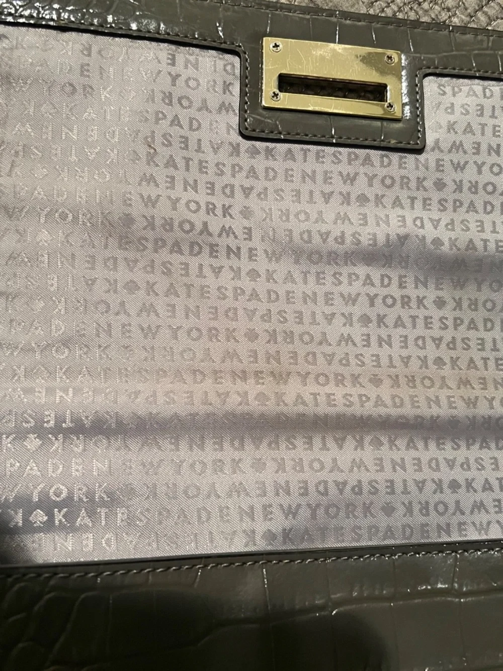 Kate Spade Doris Croc Embossed Dark Gray Patent Structured Tote Bag w/ 2 Handles